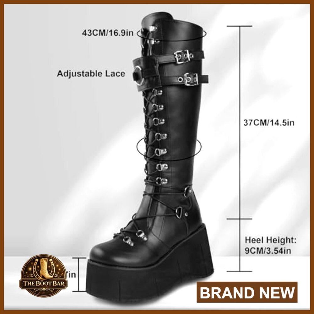 Black Leather Platform Combat Boots with Chunky Heel and Lace Up Closure - Picture 3 of 7